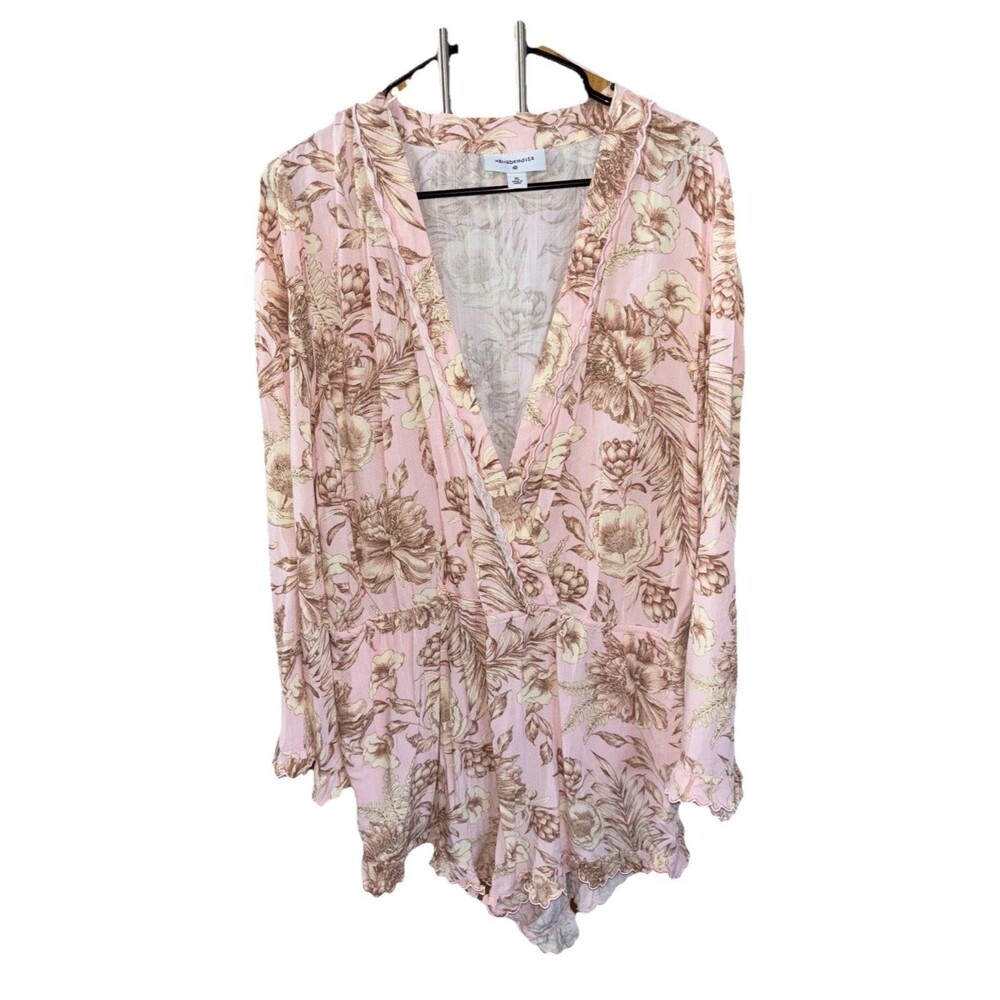 Aquabendita X Target Pink Scalloped Floral Romper XL Pockets Long Sleeve V Neck